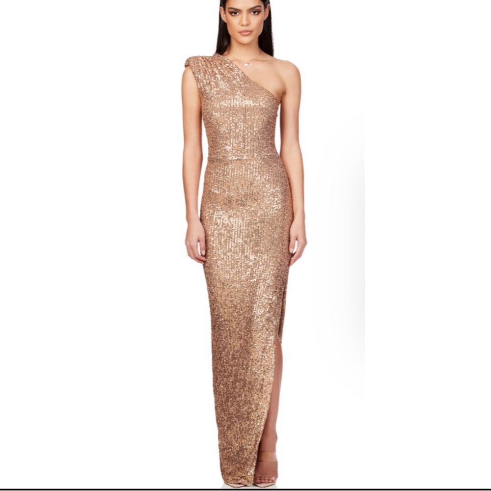 Nookie Veda Embellished One Shoulder Gown - Caramel NWT